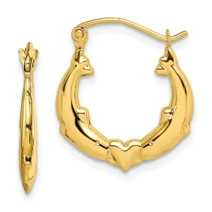 10K Gold Dolphin Heart Hoop Earrings with Polished Finish and Secure Closure