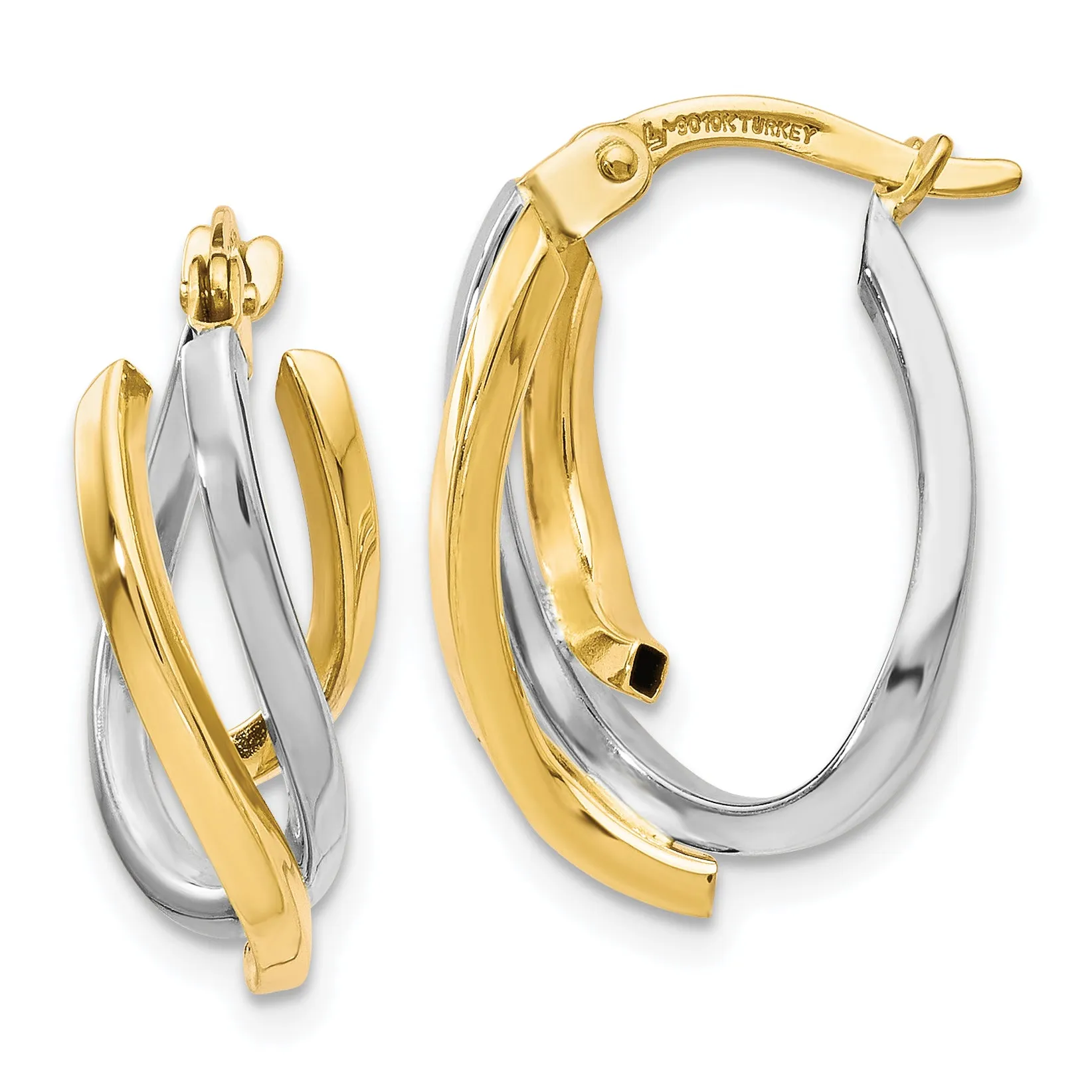 10K Two-Tone Gold Polished Twisted Hoop Earrings with Rhodium Finish