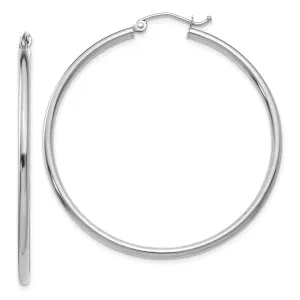 10K White Gold Polished Hoop Earrings with Rhodium Finish 2mm Tube