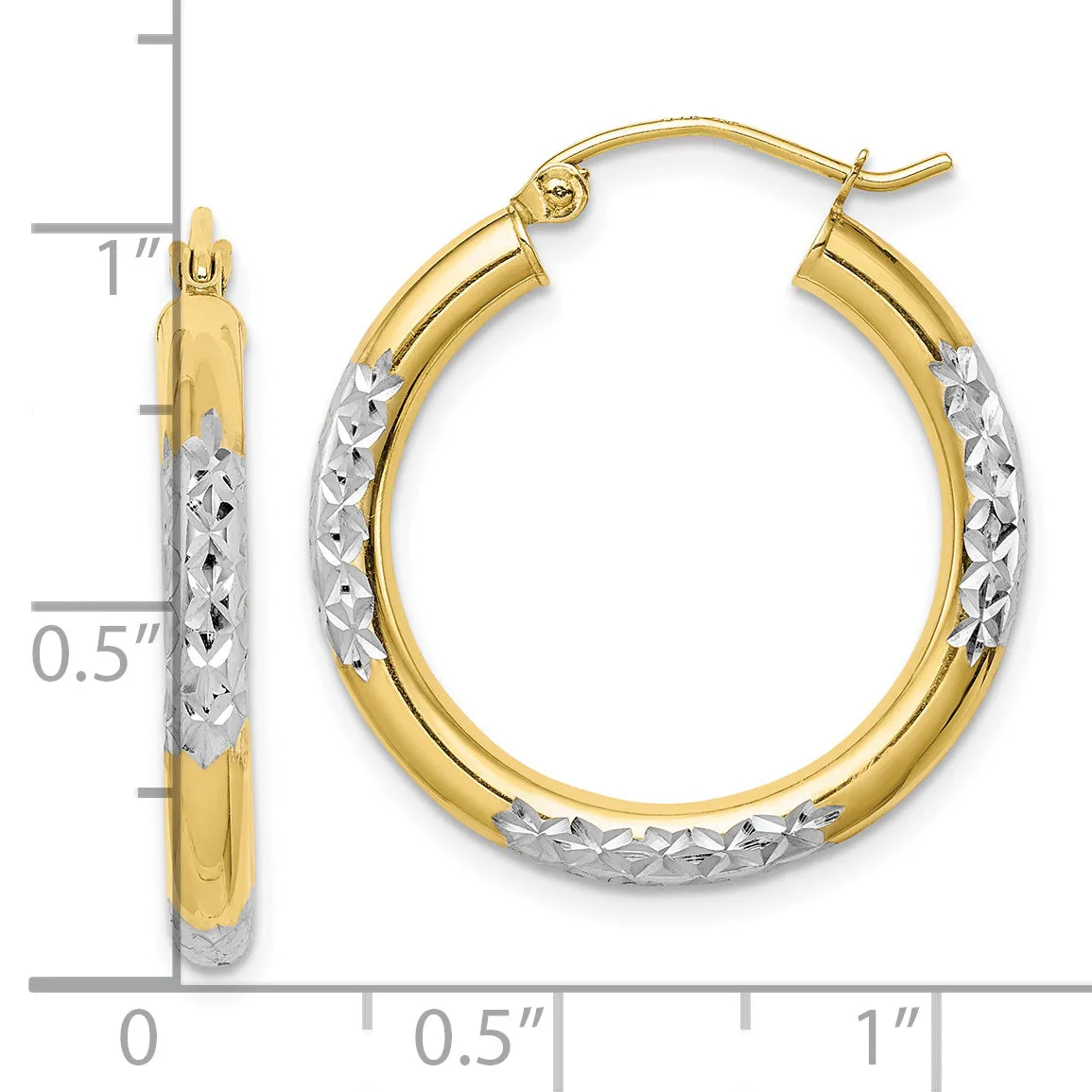10K Yellow Gold Rhodium Diamond-Cut Hoop Earrings Polished 3mm Elegant Design