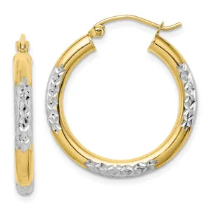 10K Yellow Gold Rhodium Diamond-Cut Hoop Earrings Polished 3mm Elegant Design