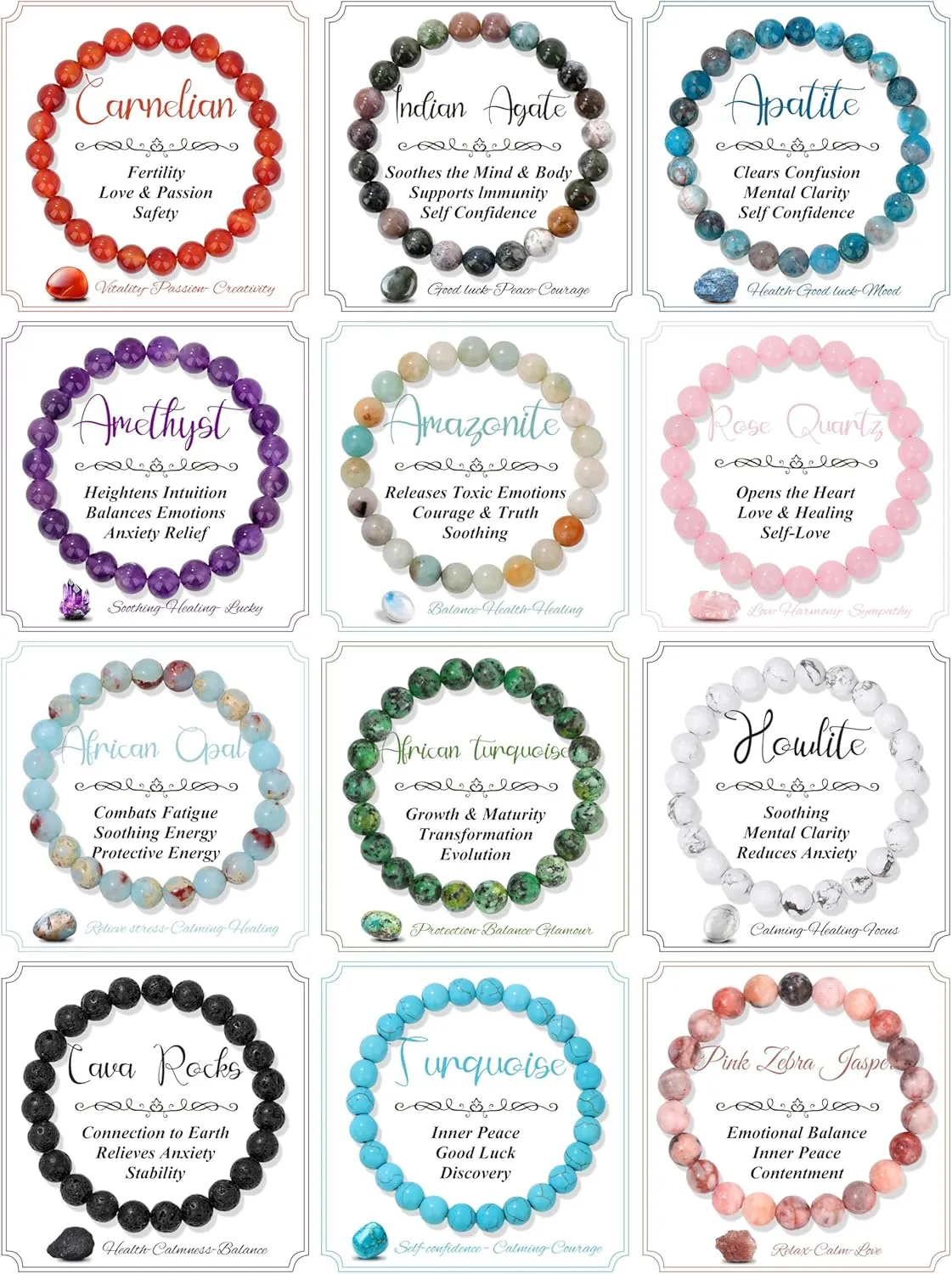 12PCS 8mm Natural Crystal Bracelets for Women Men Semi-Precious Gemstone Beaded Bracelets Round Beads Gemstones Stretch Yoga Bracelet Jewelry Gift