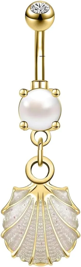 14G 1Pc Shell Belly Piercing Ring Crystal Starfish Navel Ring Pearl Body Piercing Jewelry Women Shell Belly Ring