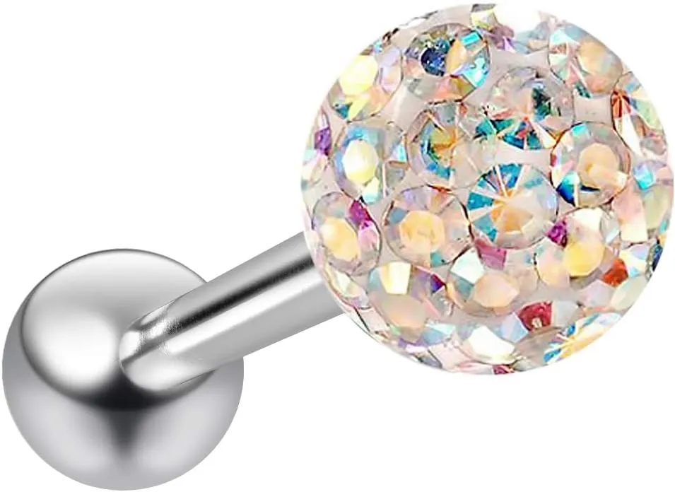 14g Aurora Borealis Sparkling Tongue Ring Glittery Sparkly Crystal For Women Gem Piercing Rings Ball