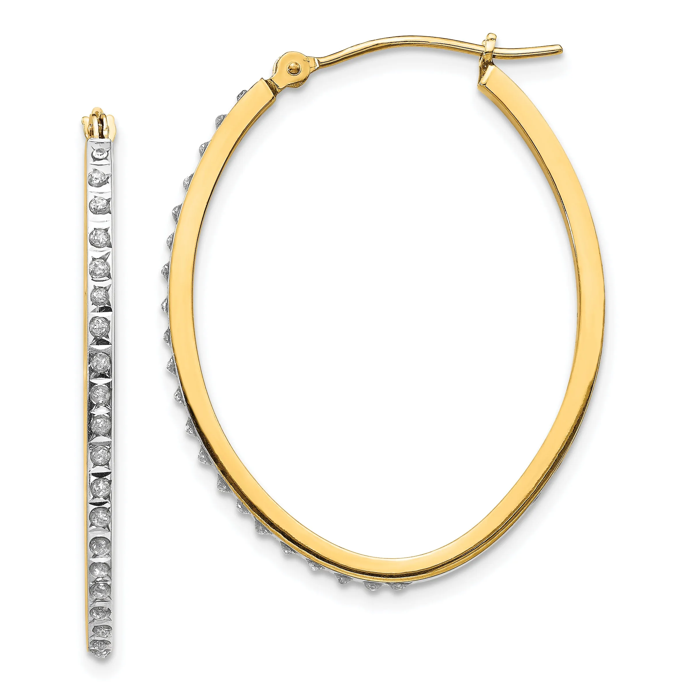 14K Gold Diamond Fascination Oval Hoop Earrings with Polished Finish
