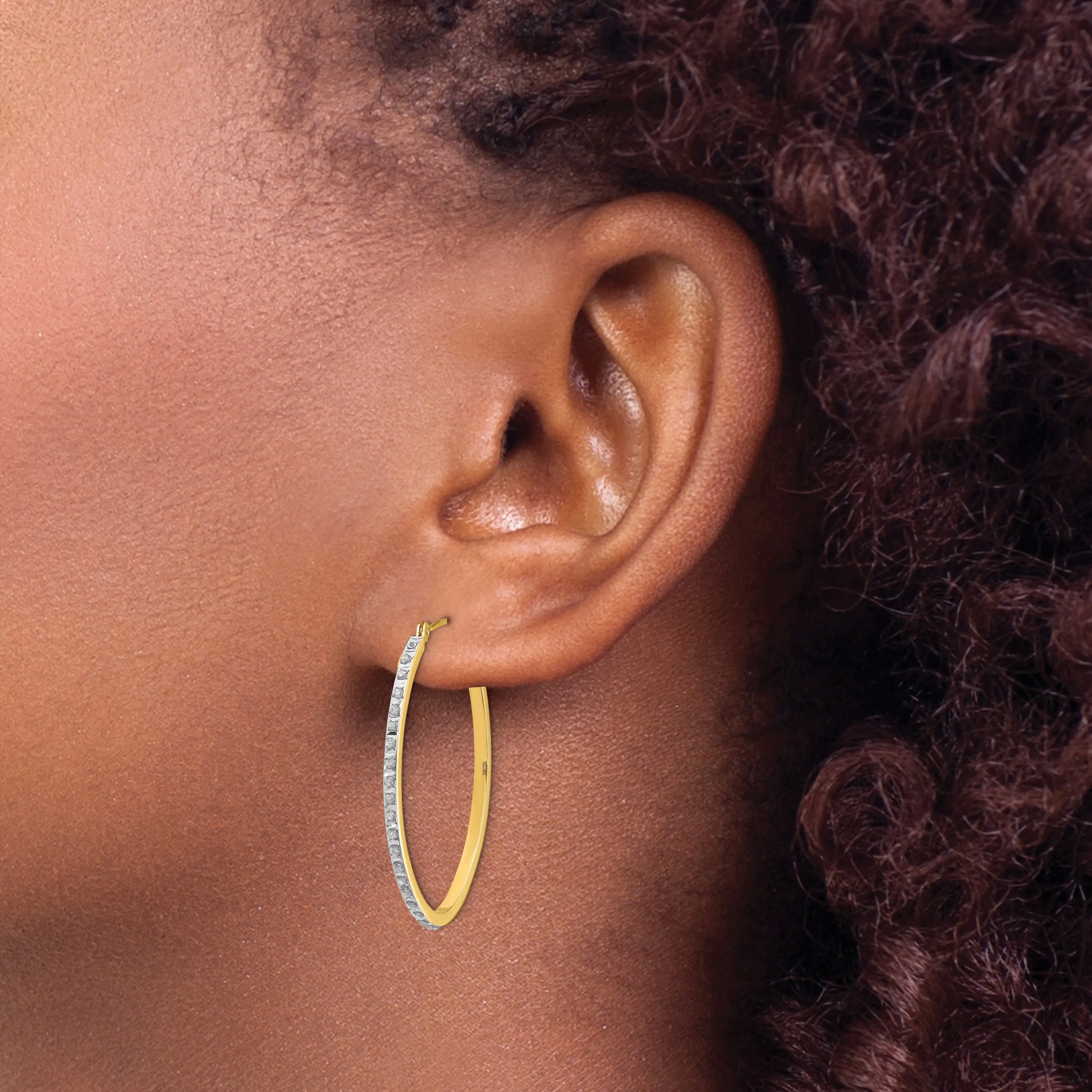 14K Gold Diamond Fascination Oval Hoop Earrings with Polished Finish