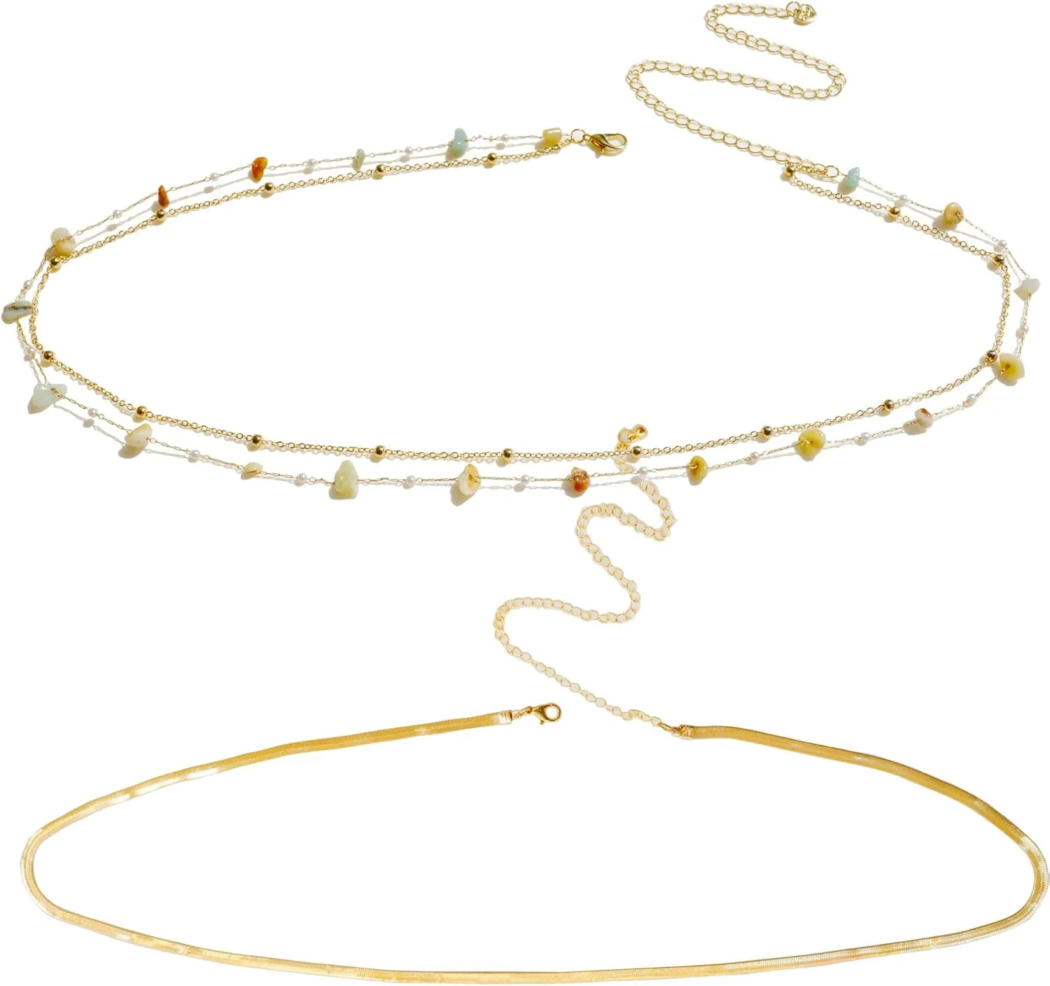 14K Gold Plated Body Chains| Layered Waist Chain with Satellite Beads Natural stone| Adjustable Belly Belt Chains Bikini|Body Jewelry for Women Teen Girls