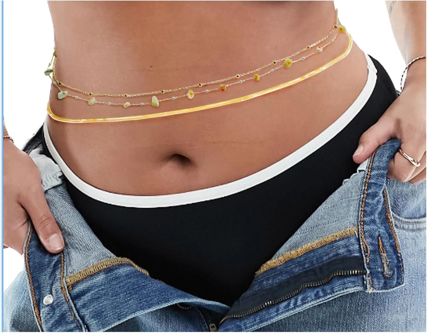 14K Gold Plated Body Chains| Layered Waist Chain with Satellite Beads Natural stone| Adjustable Belly Belt Chains Bikini|Body Jewelry for Women Teen Girls