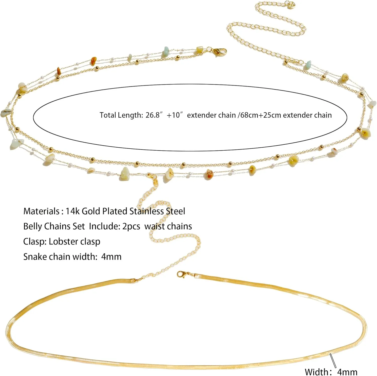 14K Gold Plated Body Chains| Layered Waist Chain with Satellite Beads Natural stone| Adjustable Belly Belt Chains Bikini|Body Jewelry for Women Teen Girls