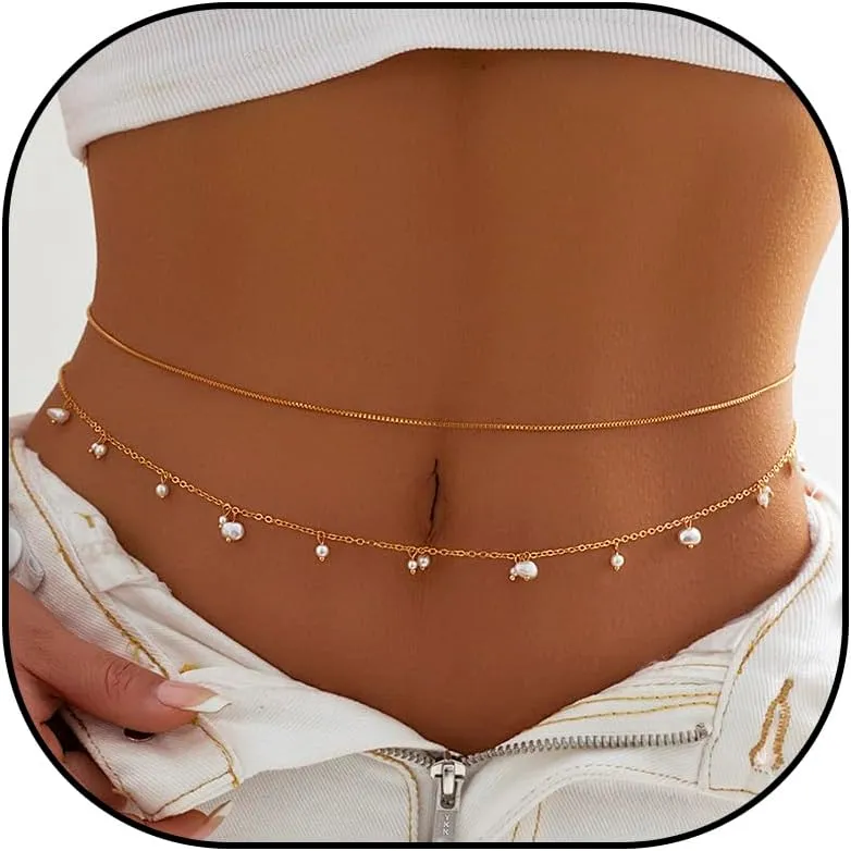 14K Gold Plated Dainty Body Chains Layered Gold Body Chain Plus Size Pearl Cuban Paperclip Waist Beads Belly Boho Layered Beach Waist Chain Belly Chain Sexy Adjustable Bikini Belly Chain Jewelry Accessories for Women