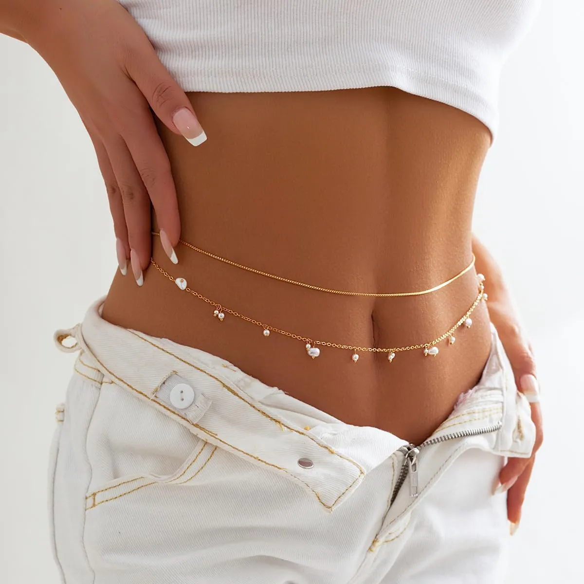 14K Gold Plated Dainty Body Chains Layered Gold Body Chain Plus Size Pearl Cuban Paperclip Waist Beads Belly Boho Layered Beach Waist Chain Belly Chain Sexy Adjustable Bikini Belly Chain Jewelry Accessories for Women