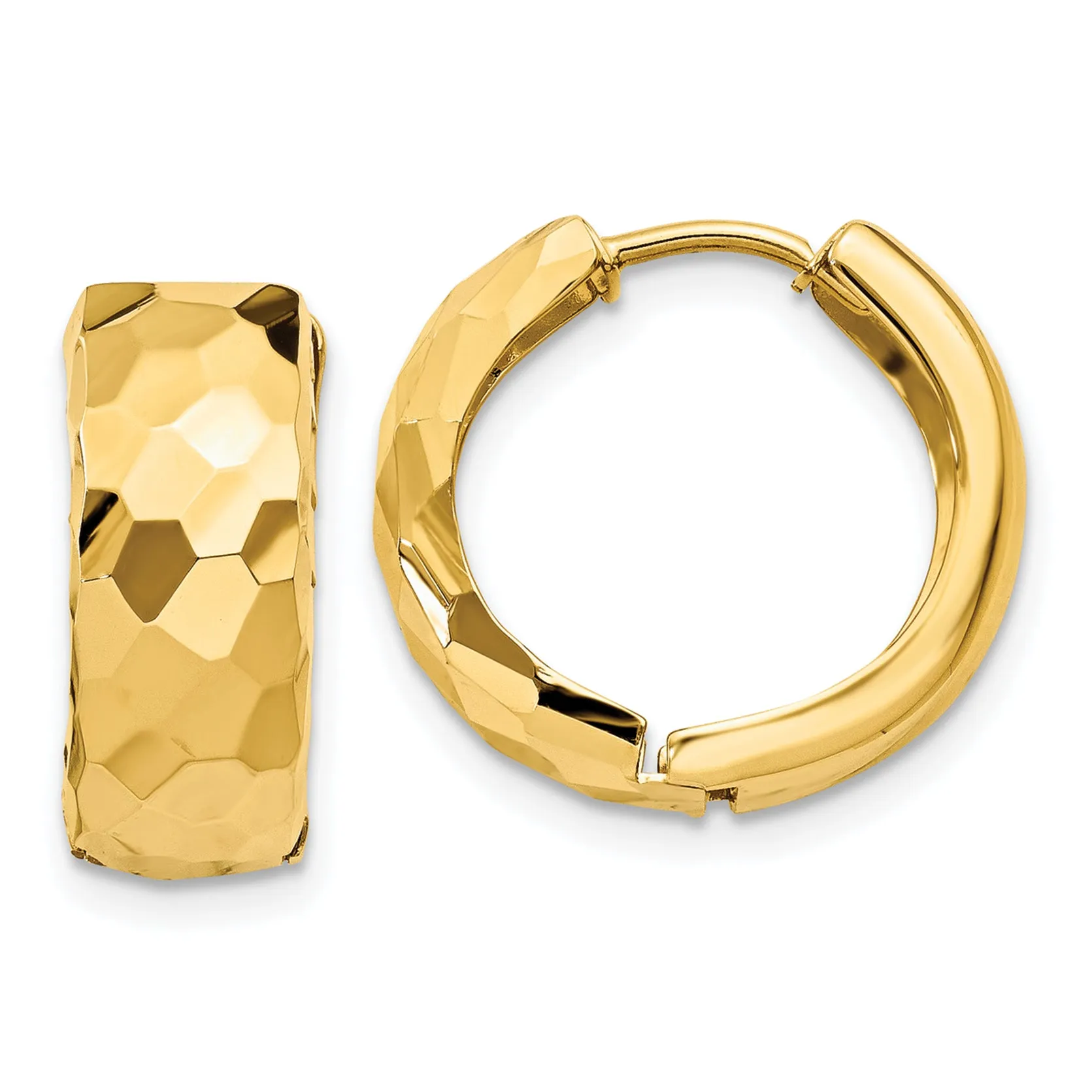 14K Gold Polished Hinged Hoop Earrings with Faceted Design, 6mm Huggie Style