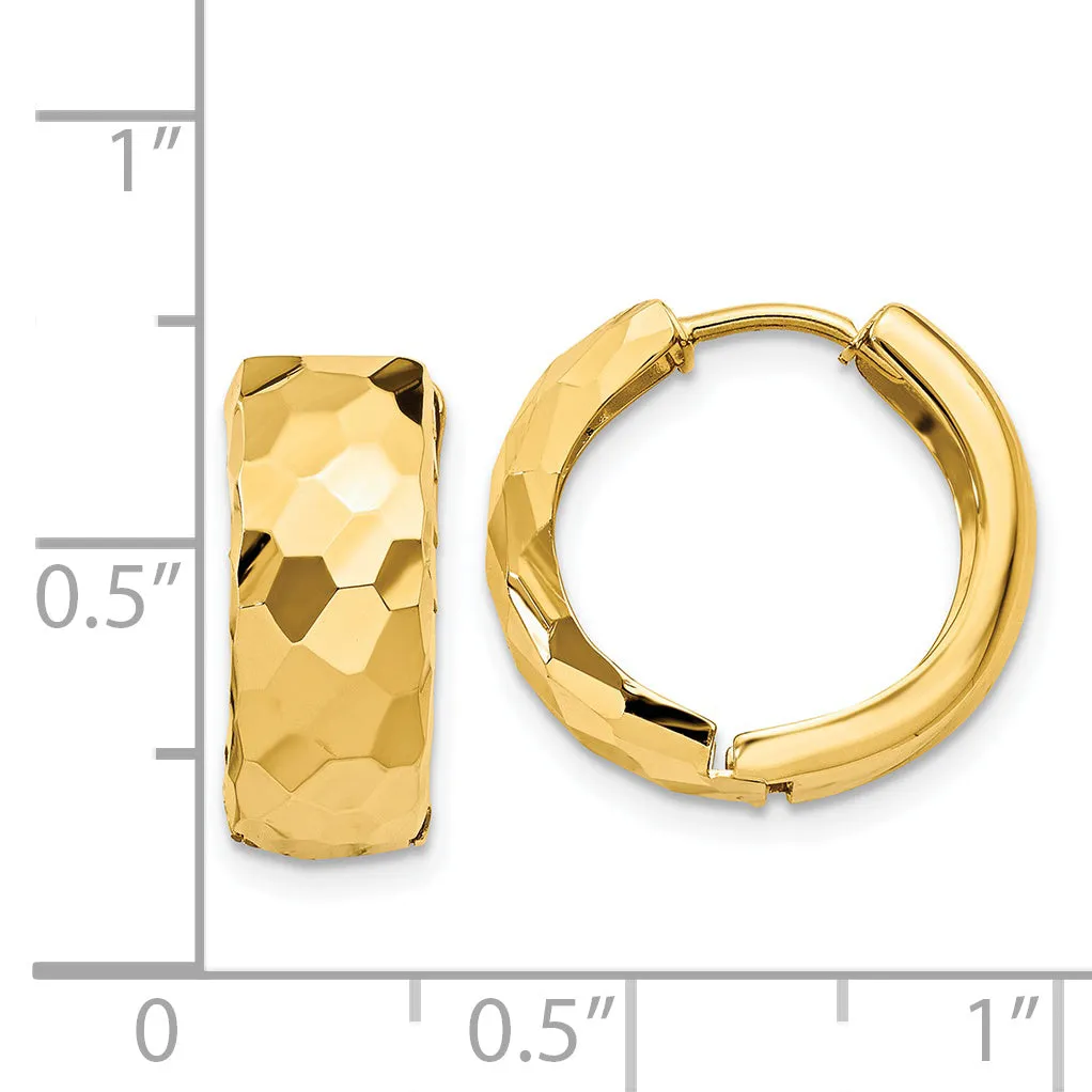 14K Gold Polished Hinged Hoop Earrings with Faceted Design, 6mm Huggie Style