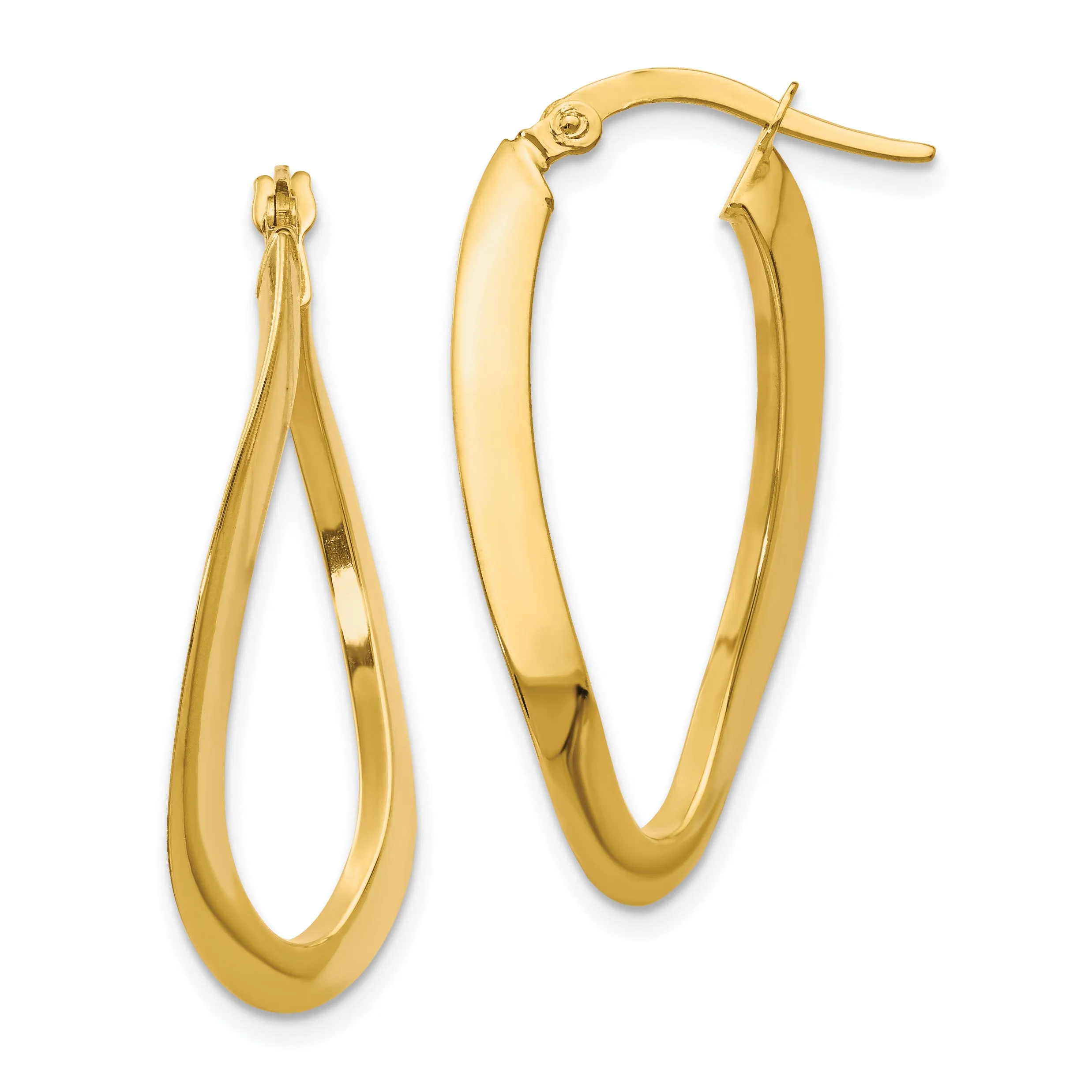 14K Gold Polished Hollow Oval Hoop Earrings with Twisted Design