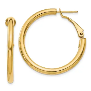 14K Gold Polished Omega Back Hoop Earrings for Women 3x25mm Hollow Design