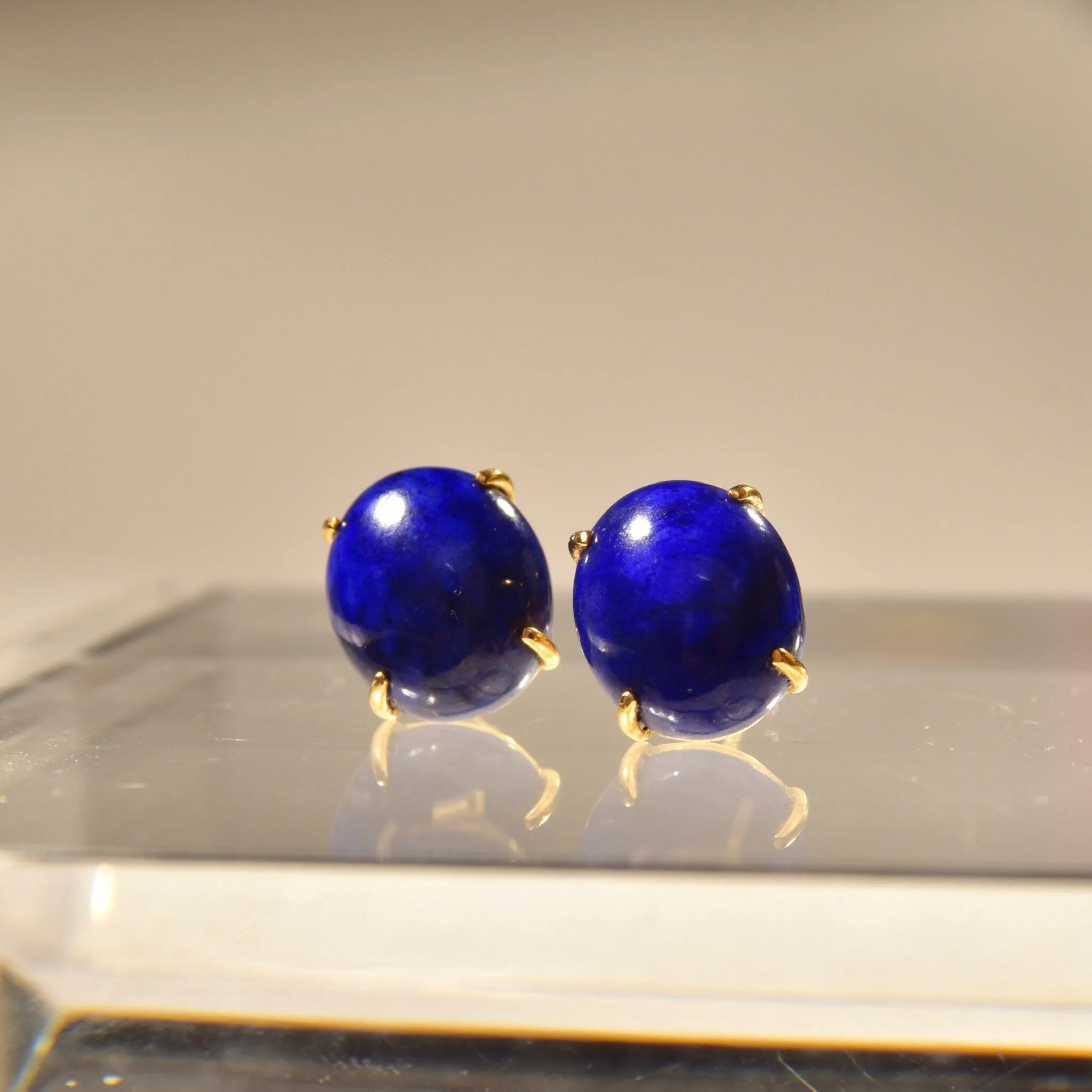14K Lapis Lazuli Button Stud Earrings, Cobalt Blue Oval Cabochon Studs, Gemstone Jewelry, 12mm