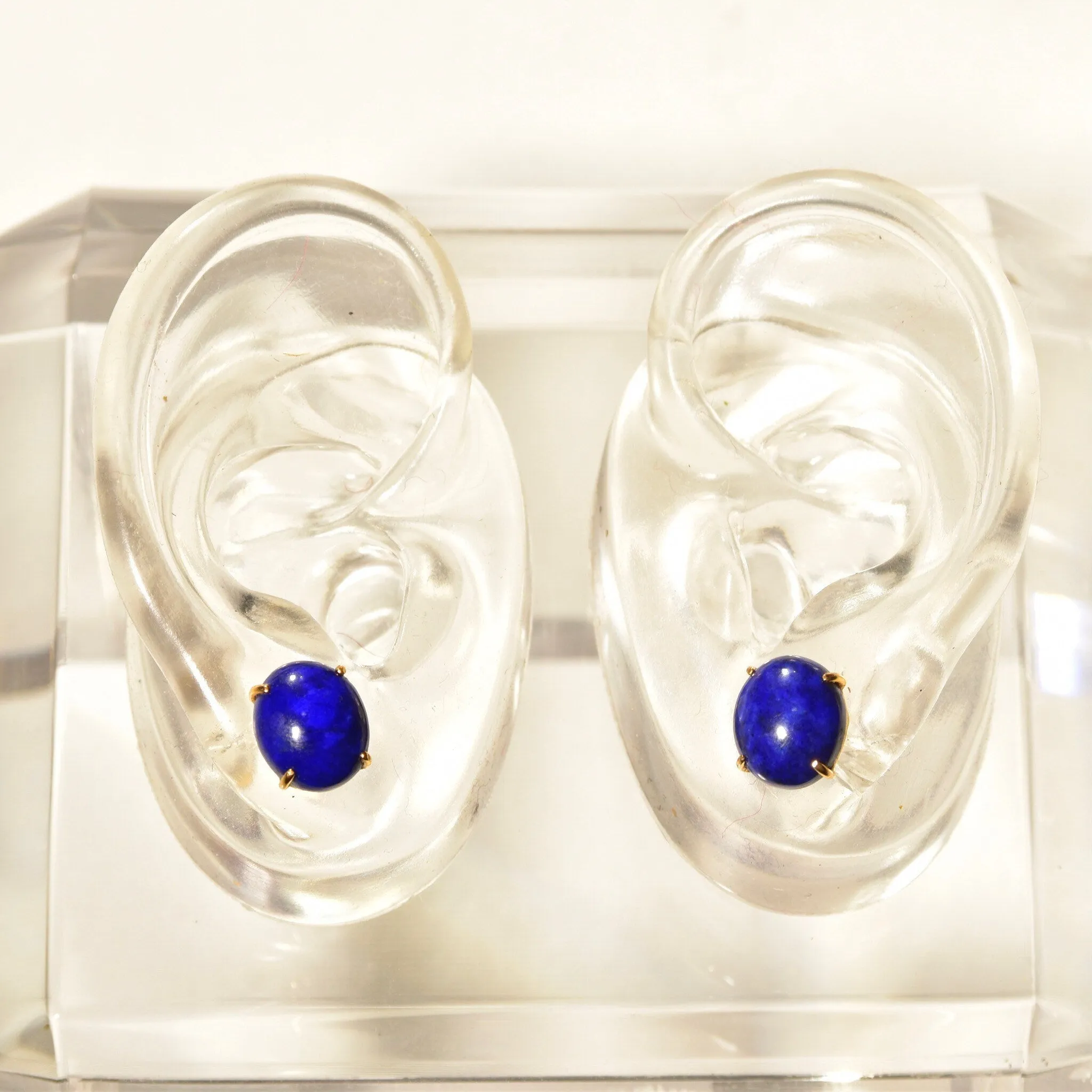 14K Lapis Lazuli Button Stud Earrings, Cobalt Blue Oval Cabochon Studs, Gemstone Jewelry, 12mm