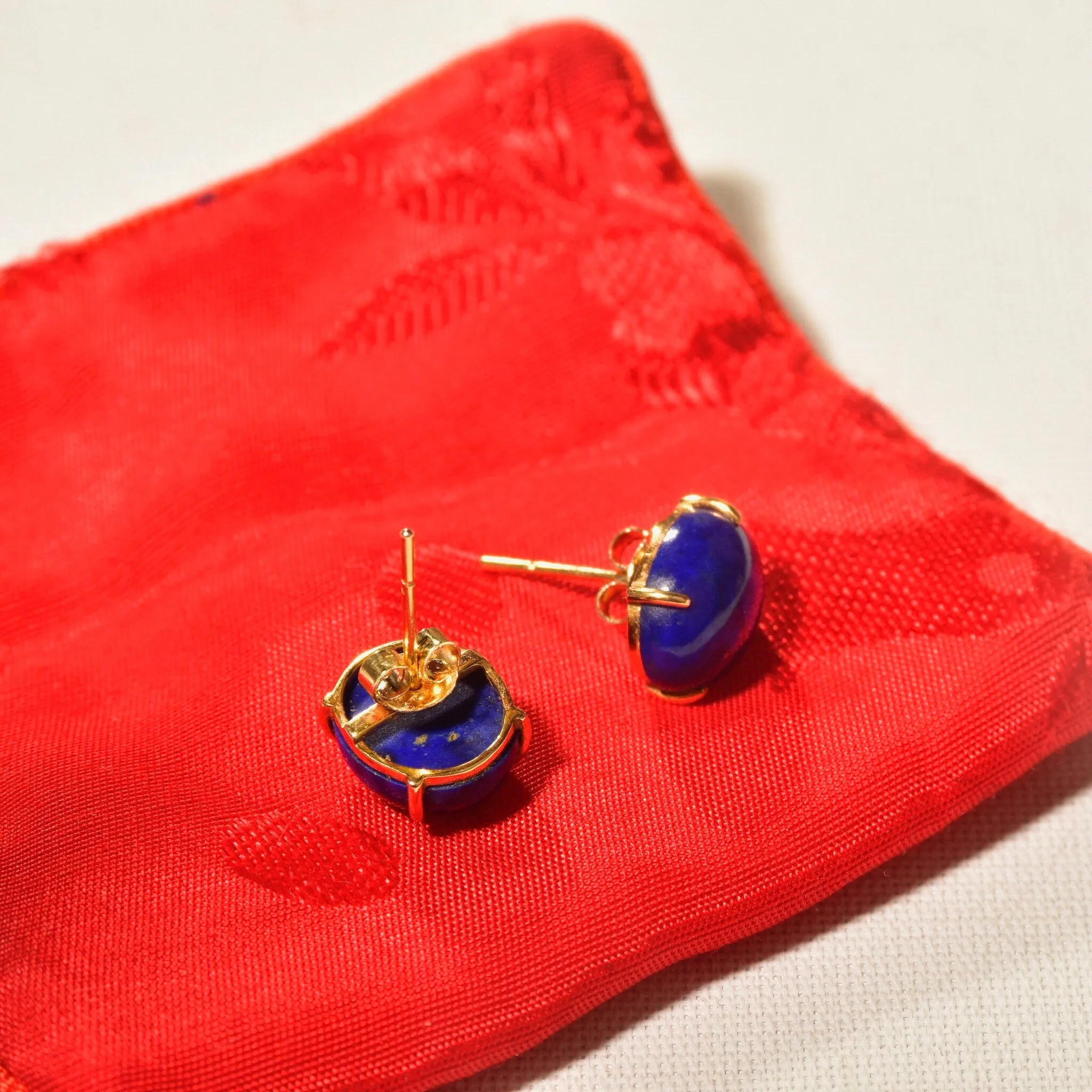 14K Lapis Lazuli Button Stud Earrings, Cobalt Blue Oval Cabochon Studs, Gemstone Jewelry, 12mm