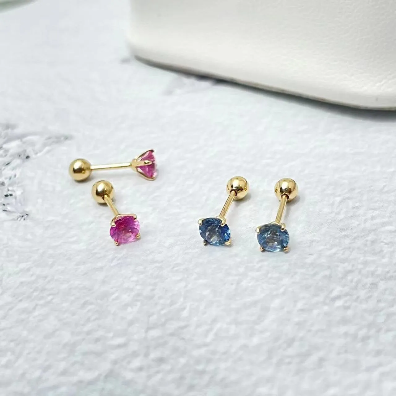 14k Solid Gold Pink/Blue Sapphire Screw Back Stud Earrings