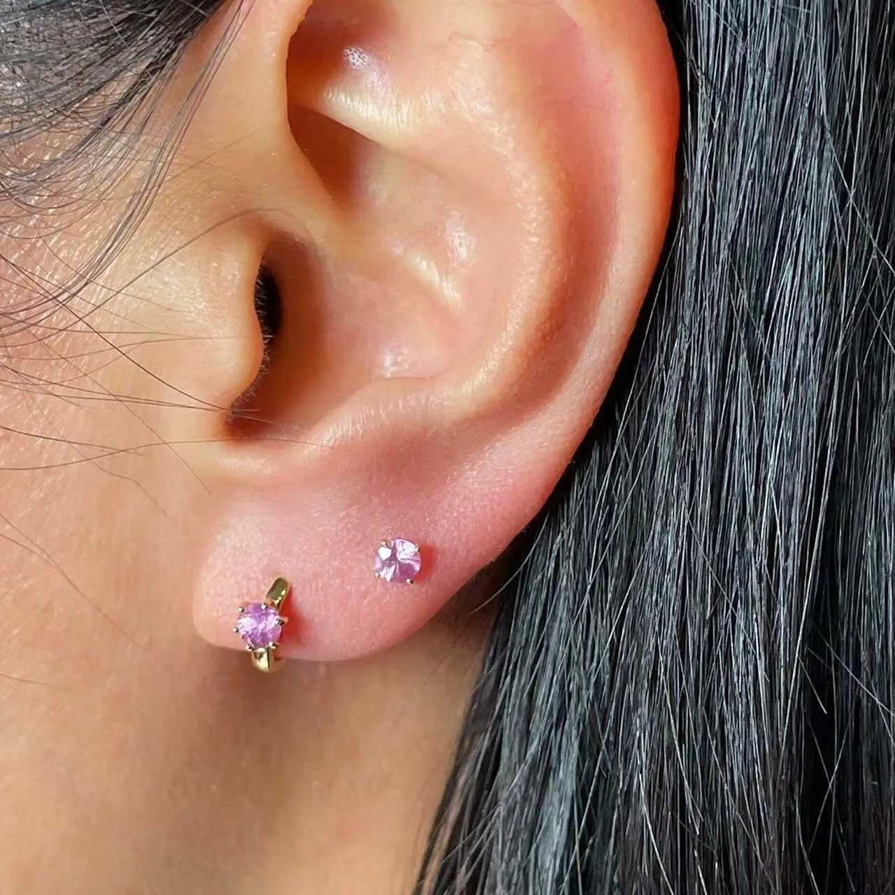 14k Solid Gold Pink/Blue Sapphire Screw Back Stud Earrings