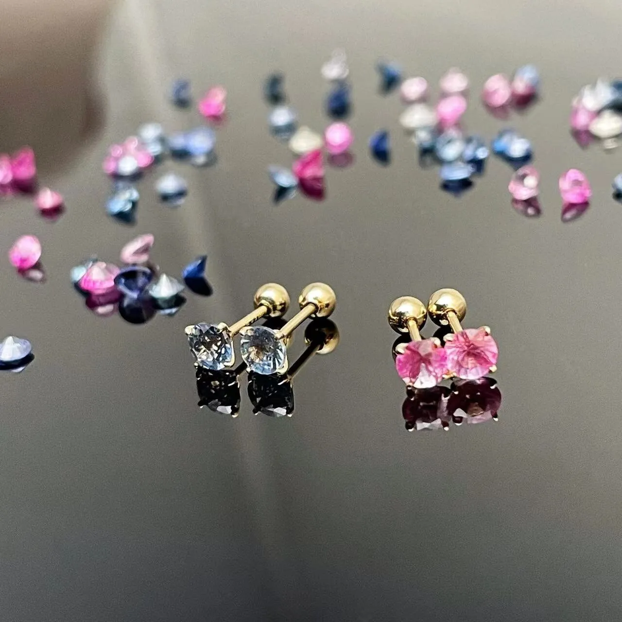 14k Solid Gold Pink/Blue Sapphire Screw Back Stud Earrings