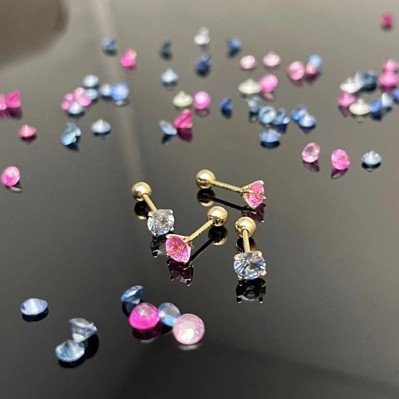 14k Solid Gold Pink/Blue Sapphire Screw Back Stud Earrings
