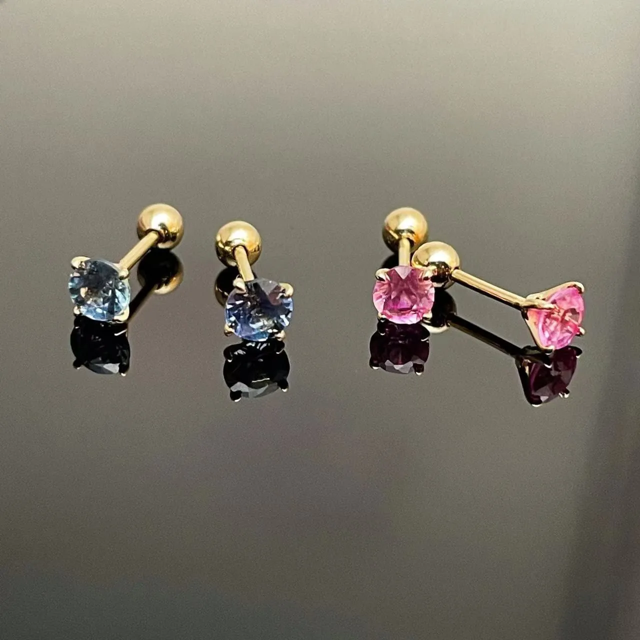 14k Solid Gold Pink/Blue Sapphire Screw Back Stud Earrings
