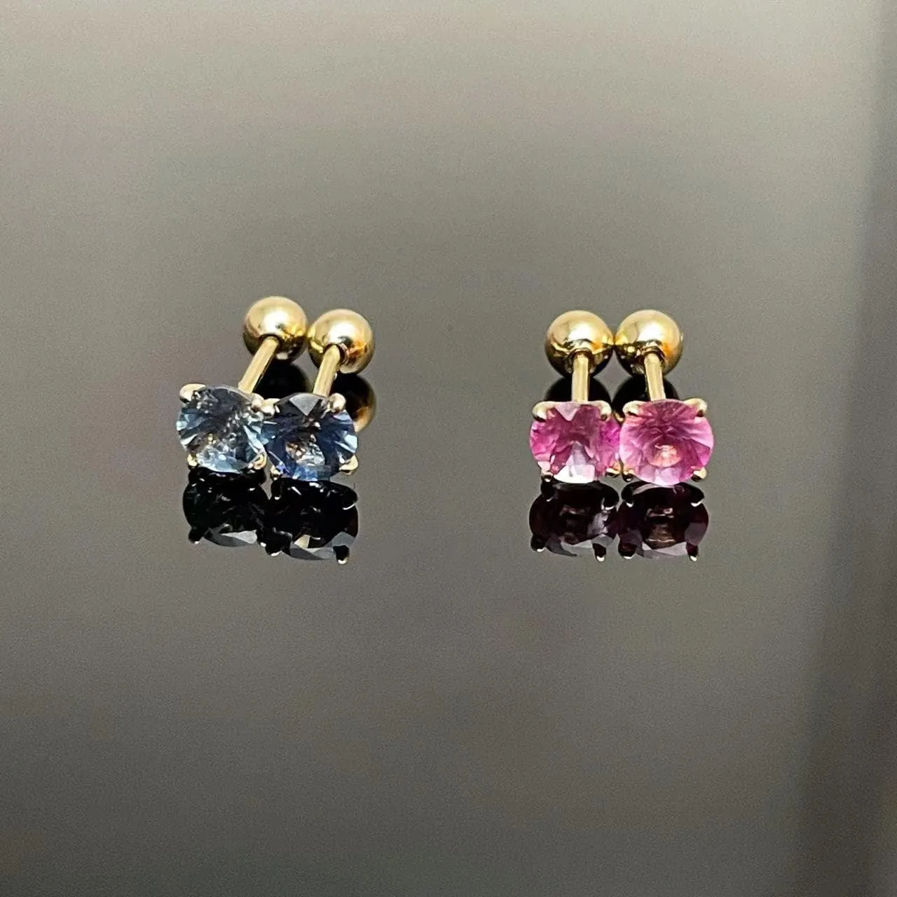 14k Solid Gold Pink/Blue Sapphire Screw Back Stud Earrings