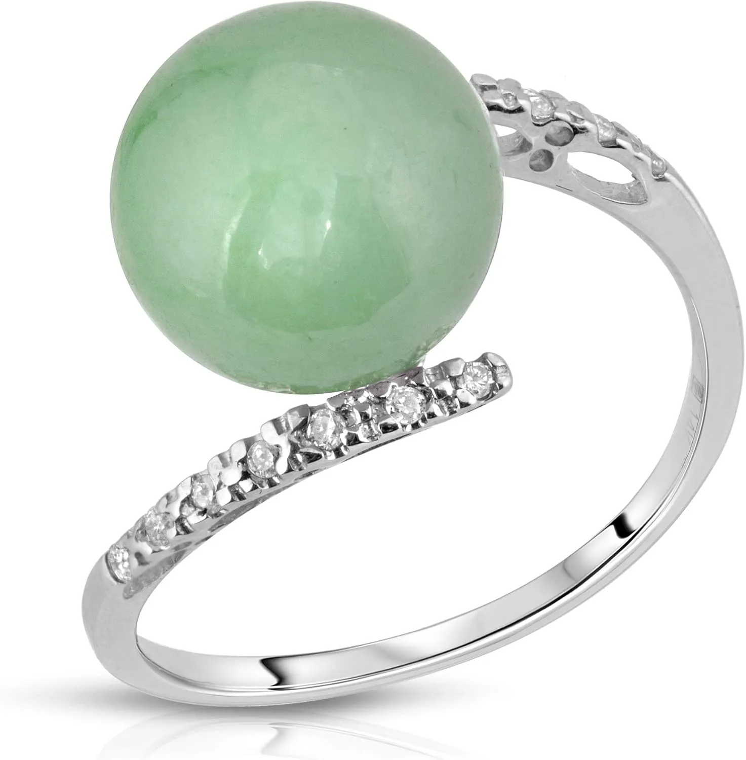 14K White Gold Ring with 10mm Round Real Jade and White Diamond Accent