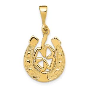 14k Yellow Gold Textured Polished Finish Horseshoe Shape Good Luck Clover Charm Pendant
