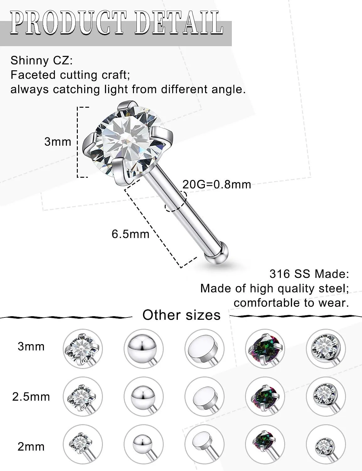 18G 20G Nose Rings Studs Piercing Jewelry for Women 316L Surgical Steel L Shaped Screw Straight Nose Rings Studs Hypoallergenic Nostril Piercing Jewelry for Women Men CZ 2mm 2.5mm 3mm