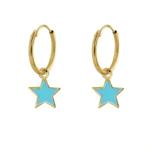 18K Yellow Gold Blue Enamel Dangle Star Endless Hoop Earrings