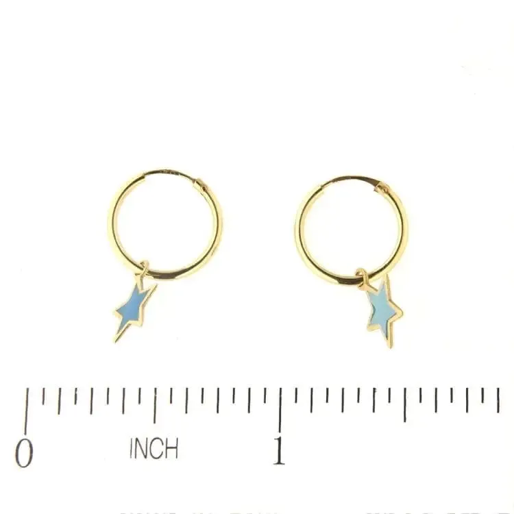 18K Yellow Gold Blue Enamel Dangle Star Endless Hoop Earrings