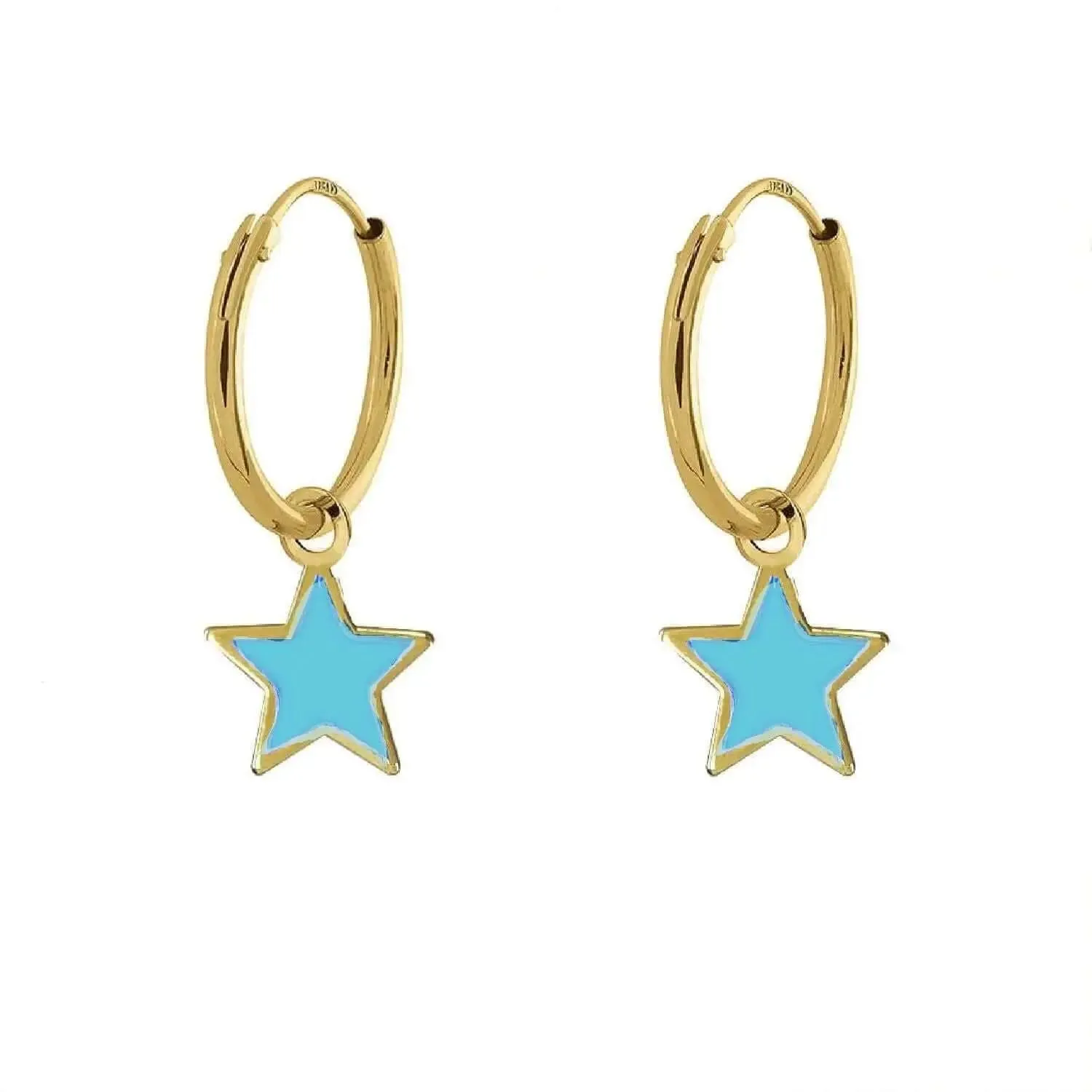 18K Yellow Gold Blue Enamel Dangle Star Endless Hoop Earrings