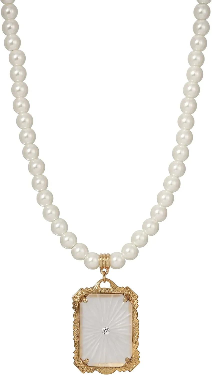 1928 Jewelry Women's Frosted Lalique Glass Pendant 6mm Faux Pearl Strand Necklace 16"   3" Extender