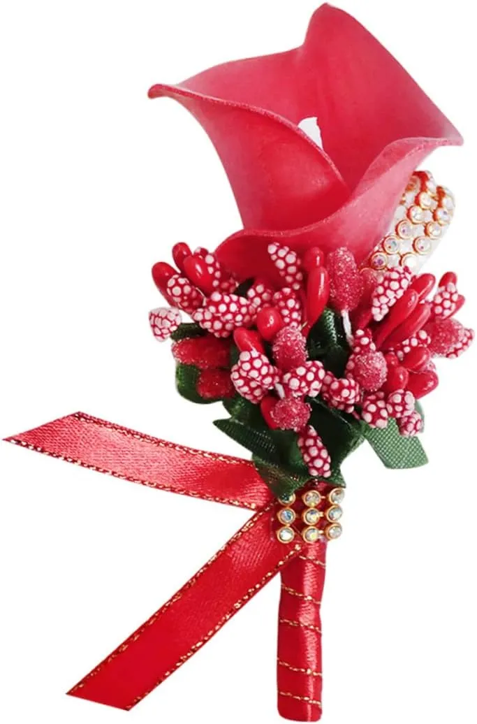 1PC Elegant Red PU Brooch Pin Simulation Floral Breastpin for Brides and Bridesmaids Rhinestone Details Bridal Boutonniere for Weddings and Special Occasions