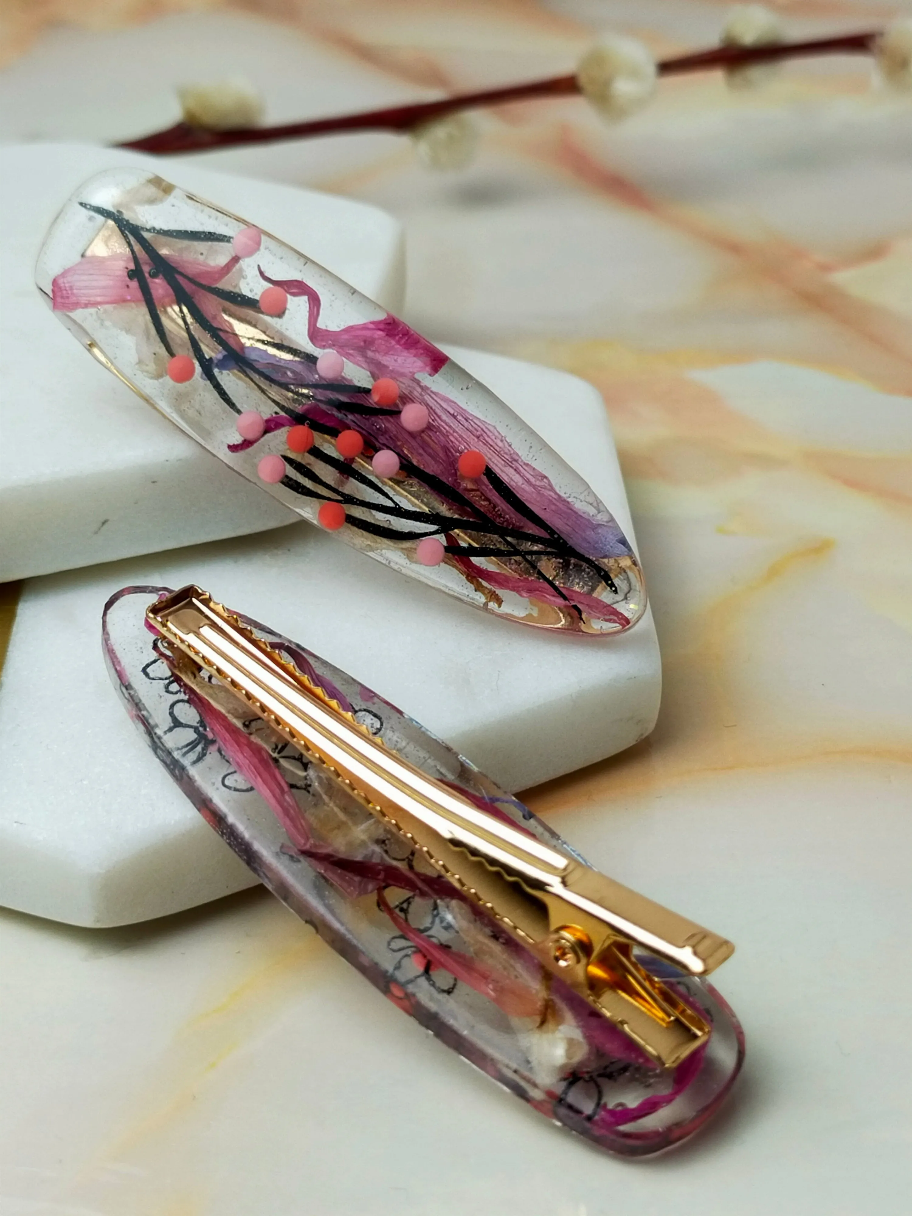 2 pack Gem studs and Real flowers hair slides