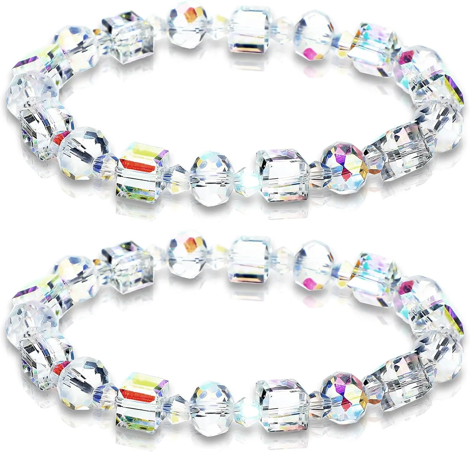 2 PCS Crystal Stretch Bracelet Set Colorful Stackable Crystal Bracelets 4mm 8mm Layering Colorful Statement Bracelets Glass Beaded Boho Friendship for Women Bridal Mother??s Day Valentines