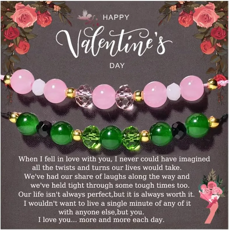2 Pcs Matching Bracelets for Couples Adjustable Gemstone Bead Strand Bracelets Green Pink Crystal Statement Bracelets Unique Friendship Rope Protection Bracelets Valentine Costume Jewelry Accessories
