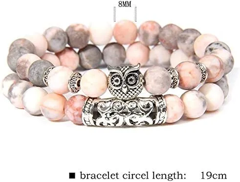 2 Pieces Natural Polished Rhodochrosite Stone Bracelet Couple Men Silver-Plated Owl Bangle for Women Jewelry Friendship Bracelet - ( Metal Color: Jade; Length: 19cm )