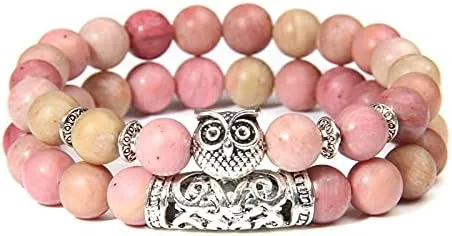 2 Pieces Natural Polished Rhodochrosite Stone Bracelet Couple Men Silver-Plated Owl Bangle for Women Jewelry Friendship Bracelet - ( Metal Color: Jade; Length: 19cm )