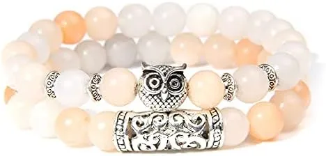 2 Pieces Natural Polished Rhodochrosite Stone Bracelet Couple Men Silver-Plated Owl Bangle for Women Jewelry Friendship Bracelet - ( Metal Color: Jade; Length: 19cm )