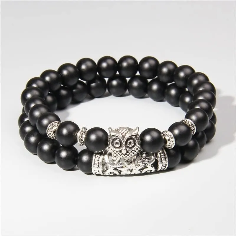 2 Pieces Natural Polished Rhodochrosite Stone Bracelet Couple Men Silver-Plated Owl Bangle for Women Jewelry Friendship Bracelet - ( Metal Color: Jade; Length: 19cm )