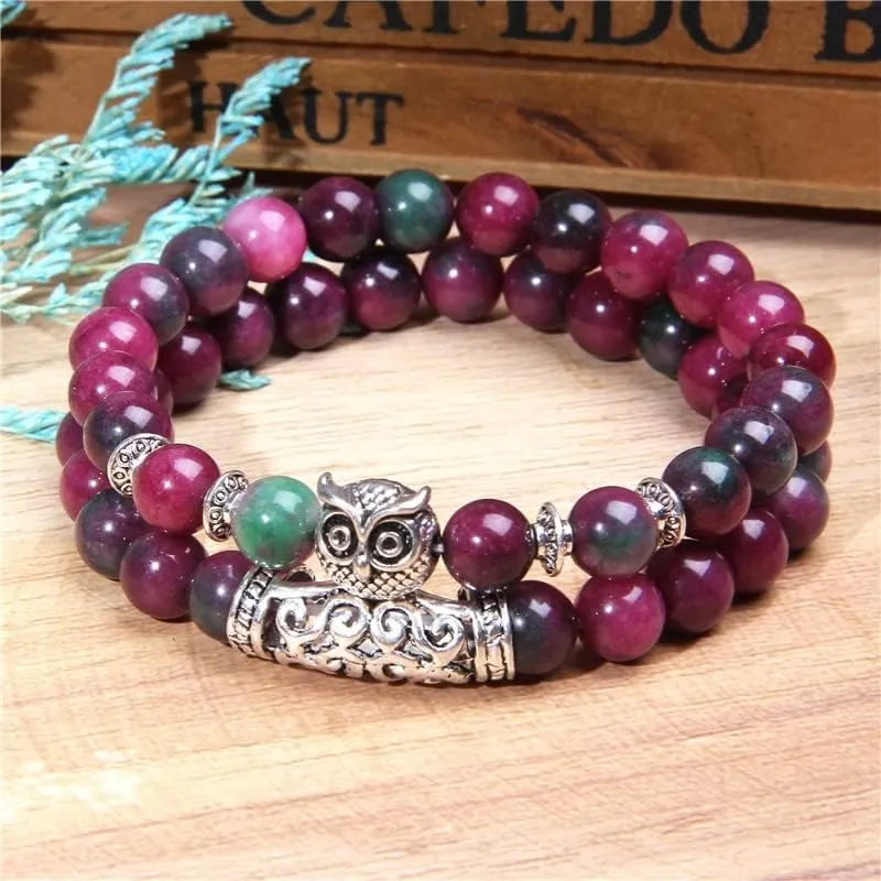 2 Pieces Natural Polished Rhodochrosite Stone Bracelet Couple Men Silver-Plated Owl Bangle for Women Jewelry Friendship Bracelet - ( Metal Color: Jade; Length: 19cm )