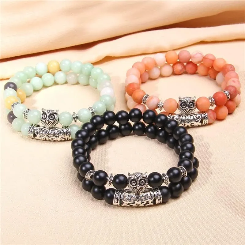 2 Pieces Natural Polished Rhodochrosite Stone Bracelet Couple Men Silver-Plated Owl Bangle for Women Jewelry Friendship Bracelet - ( Metal Color: Jade; Length: 19cm )