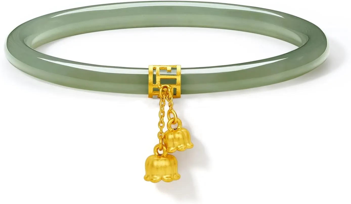 24K Solid Gold Flower Nephrite Hetian Green Jade Bangle Bracelet Round Bracelet Natural Gemstone Floral Lucky Dainty Jewelry for Women Mom Daughter Size 54(170)-60(230)