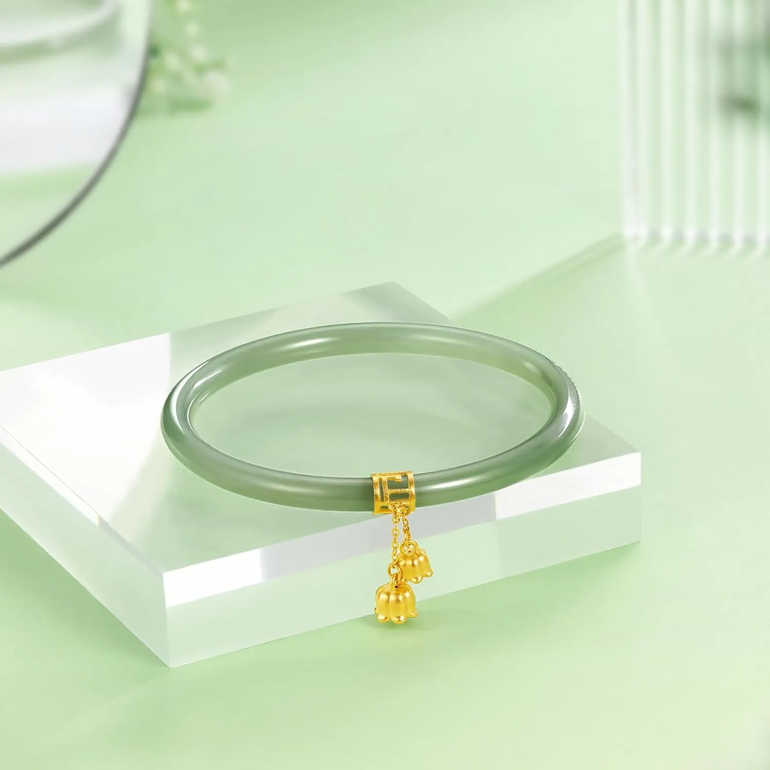 24K Solid Gold Flower Nephrite Hetian Green Jade Bangle Bracelet Round Bracelet Natural Gemstone Floral Lucky Dainty Jewelry for Women Mom Daughter Size 54(170)-60(230)