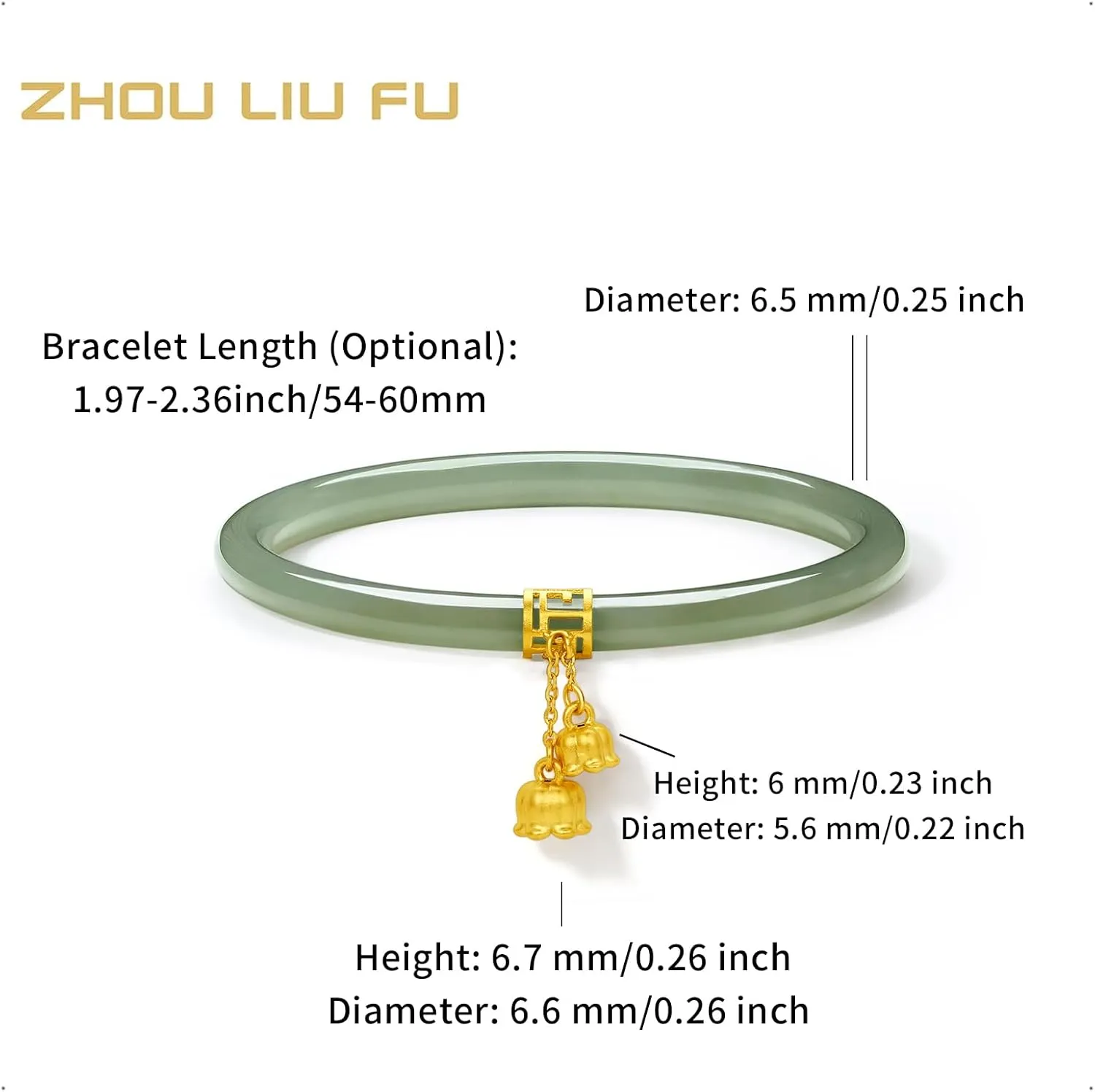24K Solid Gold Flower Nephrite Hetian Green Jade Bangle Bracelet Round Bracelet Natural Gemstone Floral Lucky Dainty Jewelry for Women Mom Daughter Size 54(170)-60(230)