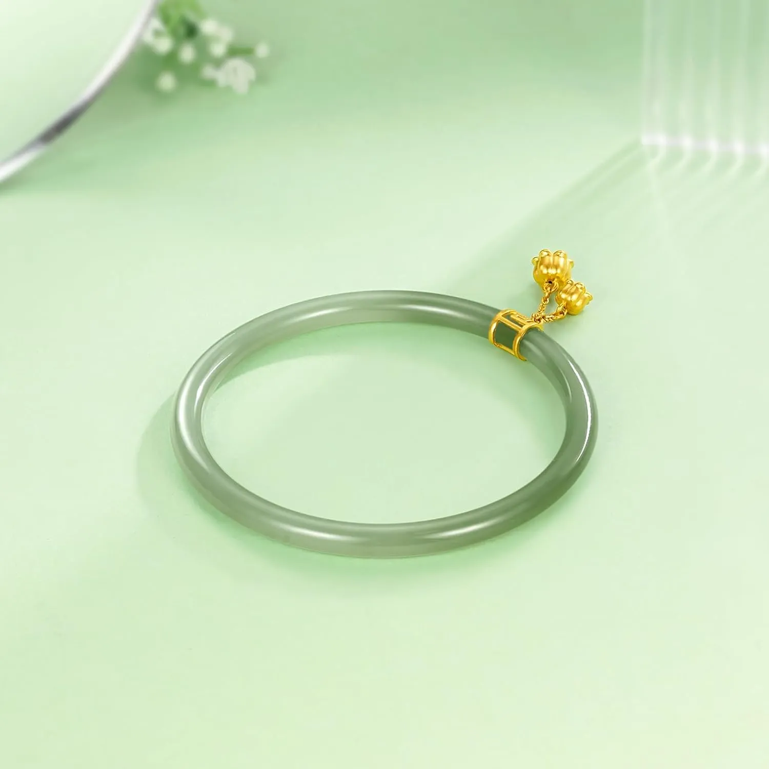 24K Solid Gold Flower Nephrite Hetian Green Jade Bangle Bracelet Round Bracelet Natural Gemstone Floral Lucky Dainty Jewelry for Women Mom Daughter Size 54(170)-60(230)