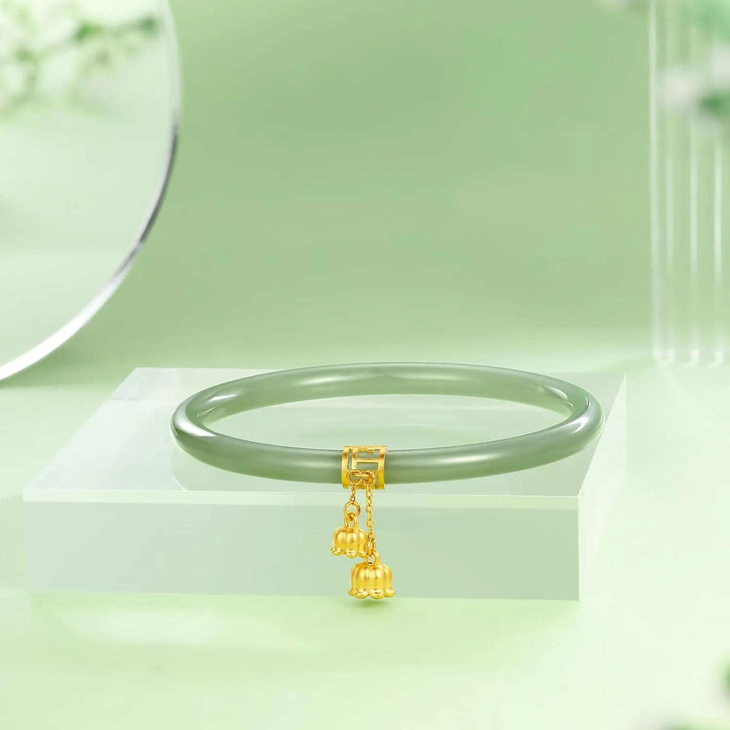 24K Solid Gold Flower Nephrite Hetian Green Jade Bangle Bracelet Round Bracelet Natural Gemstone Floral Lucky Dainty Jewelry for Women Mom Daughter Size 54(170)-60(230)